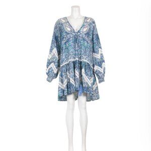 Miss June Kiara Mini Dress Womens Small Medium Blue White Paisley V-Neck Tassels